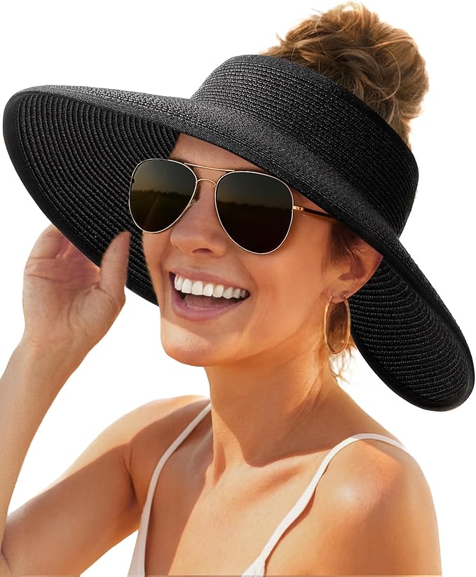 FURTALK Womens Sun Hat with Ponytail Hole Wide Brim Beach Straw Visor | Foldable & Packable for Beach Vacations, Adjustable Fit for Messy Buns, Detachable Windproof Strap, Sweat-Wicking Inner Band