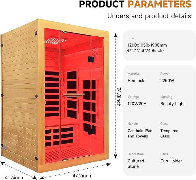 Infrared Sauna 2 Person Far Infrared Sauna Low-EMF Canadian Hemlock Wood Indoor Dry Saunas with Red Infrared Beauty Light Bluetooth Speaker Two Person Sauna 2250W 47.3 * 41.3 * 74.8 in