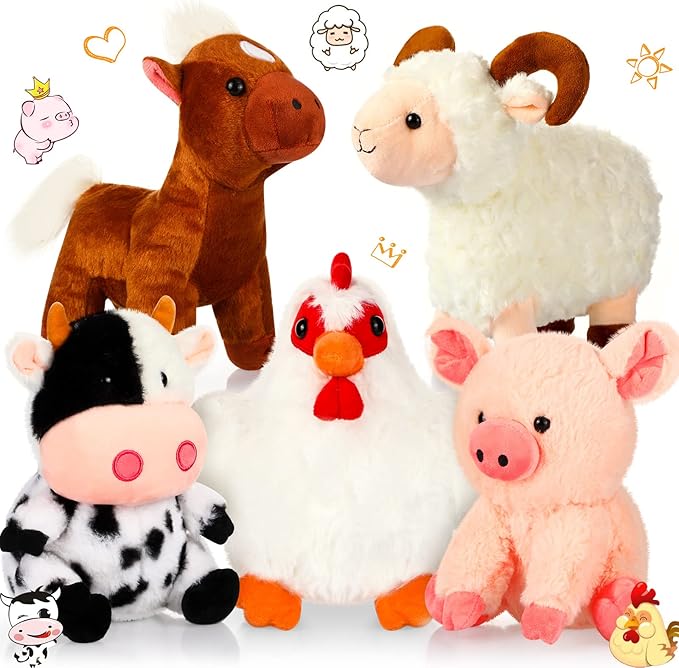 Skylety 5 Pack Farm Plush Animals Set 10 Inches Farm Stuffed Animals Barnyard Stuffed Toys Soft Pig Rooster Horse Sheep Cow Plush Toy for Birthday Party Favor Operation Christmas Items