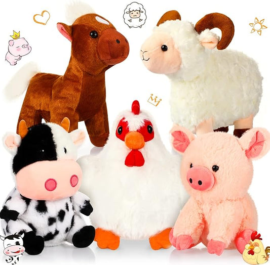 Skylety 5 Pack Farm Plush Animals Set 10 Inches Farm Stuffed Animals Barnyard Stuffed Toys Soft Pig Rooster Horse Sheep Cow Plush Toy for Birthday Party Favor Operation Christmas Items