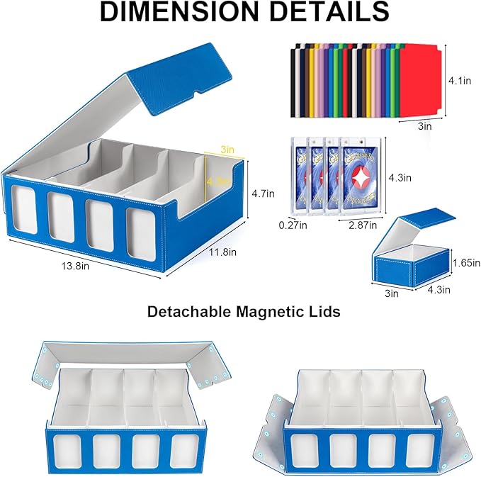 GEAoffice Trading Card Storage Box with Commander Display, 3200+ Card Deck Case with Magnetic Removable Lid, 4-Row Deck Box for MTG/TCG/Sports/Games, 10 Stoppers, 24 Dividers, 1 Dice Tray, Blue White