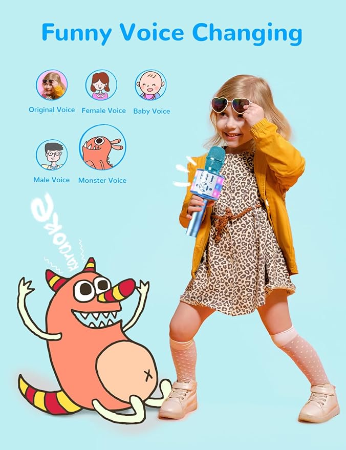 Amazmic Kids Karaoke Microphone Machine Toys for Girls Bluetooth Microphone with LED Light, Christmas Birthday Gift for Girls Boys 3 4 5 6 7 8 9 10 11 12 Year Old Kids Toys(Blue)