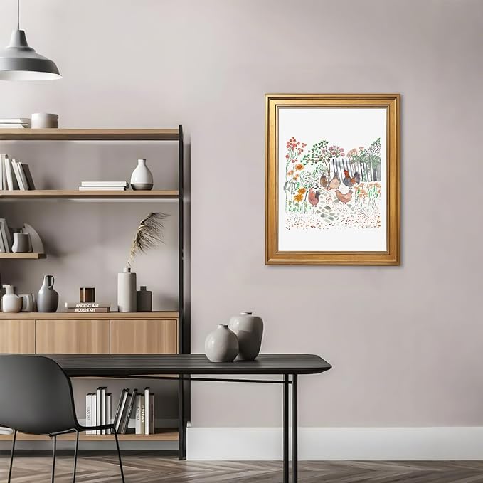 Framed Cottagecore Chicken Wall Art Painting Farmhouse Hens Print Rustic Country Farm Illustration Picture Poster Vintage Pastoral Canvas Artwork Aesthetic Cottage Home Kitchen Room Decor 8x10inch