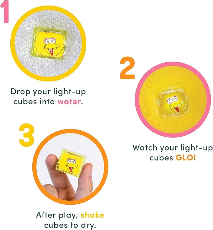 Glo Pals x Sesame Street Water-Activated Bath Toy with 6 Reusable Light-Up Cubes for Sensory Play (Big Bird, Cubes with Character)
