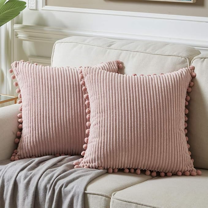 Fancy Homi Pack of 2 Decorative Throw Pillow Covers 22x22 with Pom-poms, Soft Corduroy Solid Square Cushion Pillow Cases Set for Couch Sofa Bedroom Car Living Room (22x22 Inch/55x55 cm, Blush Pink)
