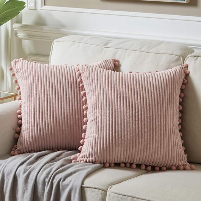 Fancy Homi Set of 2 Blush Pink Decorative Throw Pillow Covers 14x14 Inch with Pom-poms for Couch Bed Sofa, Modern Farmhouse Boho Home Decor, Soft Plush Corduroy Cute Cushion Case 35x35 cm
