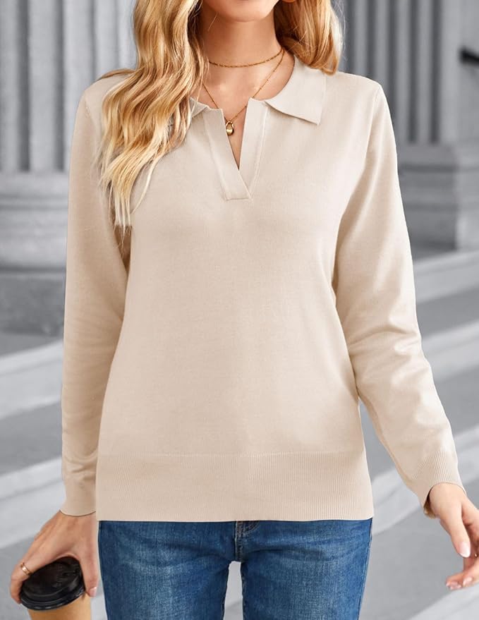 Women's Long Sleeve Classic V Neck Casual Fall Winter Polo Sweater Tops | Basic Collared Knitted Fashion Work Business Formal Daily Wear Versatile Pullover Shirts
