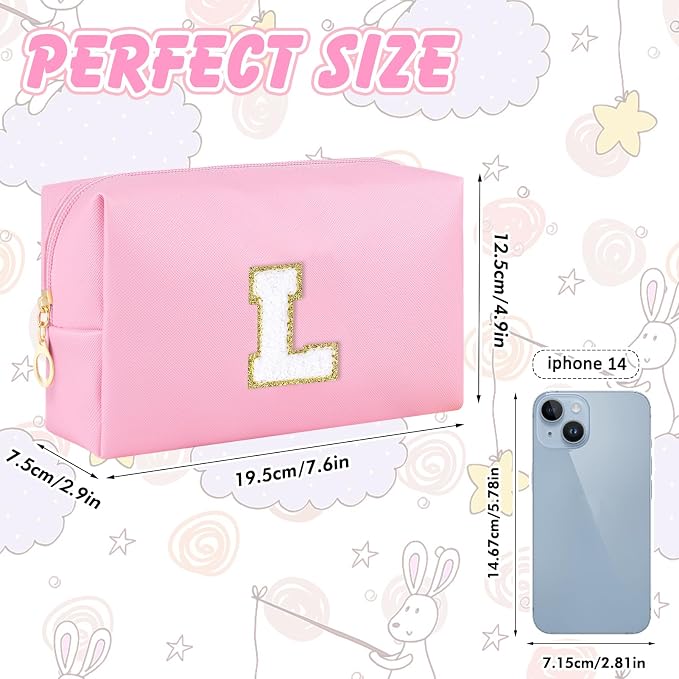 URSKYTOUS Initial Makeup Bag for Women Travel Small PU Leather Cosmetic Bag Cute Pink Personalized Preppy Chenille Letter Makeup Pouch for Purse Zippered Toiletry Organizer Makeup Case Ideal Gift（L）