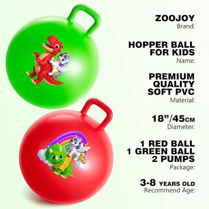 ZOOJOY Hopper Balls 2 Pack – 18 Inch Bouncy Ball with Handle, Hoppity Hop Balls for Kids Ages 3-8, Unicorn & Dinosaur Hopping Toy Gifts for Boys & Girls, with Pump for Indoor Outdoor Play