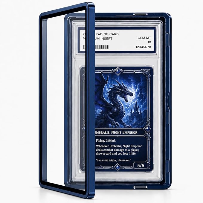 Magenetic Trading Card Slab Protector - Premium Aluminum Graded Card Showcase, Graded Slab Protector with UV-Resistant Tempered Glass, Personalized Slab Bumper for Collectors, Dark Blue