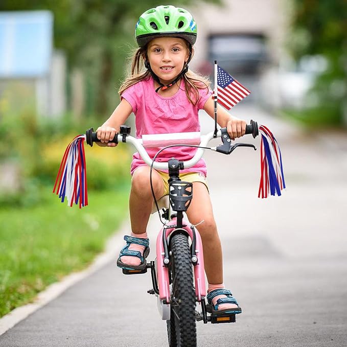 PLATT Kid's Bicycle Handlebar Streamers Colorful Ribbons Tassel for Girls Boys Bicycle Handlebar Scooter Handgrip (1Pair) (Red+White+Blue)
