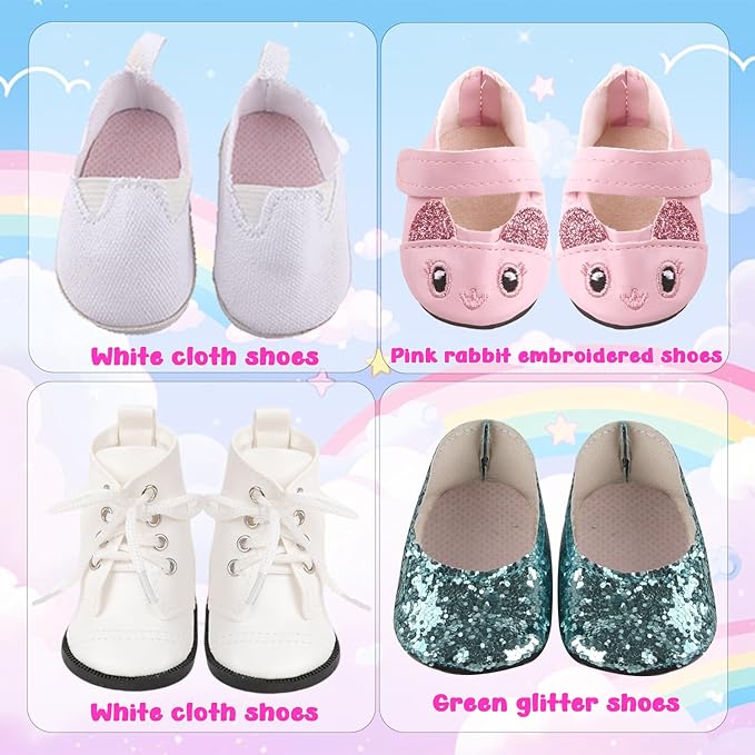 7-Set Doll Clothes & Shoes for 17-18 Inch Dolls / 11-Piece Outfits (Unicorn Dress, Pajamas, Glitter Shoes & More)