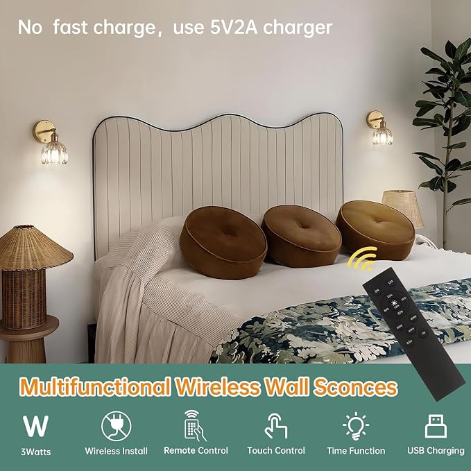 Shenmoyl Battery Operated Vintage Wall Sconces with Amber Tulip Glass Lampshade Battery Powered Wall Lighting for Bedside Bedroom Doorway, Set of 2