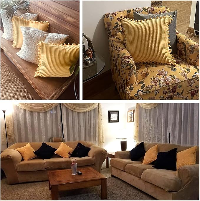 Fancy Homi Pack of 2 Boho Yellow Decorative Throw Pillow Covers with Pom-poms, Soft Corduroy Accent Solid Square Cushion Cases Set for Couch Sofa Bedroom Car Living Room (16x16 Inch/40x40 cm, Yellow)