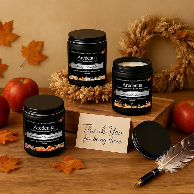 Fall Candles Set – 4pack Autumn Candle Scent of Cinnamon, Vanilla Bean, Harvest Season & Pumpkin - Seasonal Holiday Candles Gift, 28oz Soy Candle for Halloween Home Décor & Cozy Gifting
