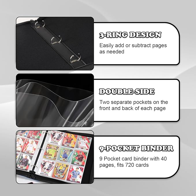 LIMSTDIC Card Binder for Pokemon Card, 9 Pocket 40 Double-Sided Pages for 720 Card Pocket Premium Zip PU Card Binder for Pokemon, Collectible For TCG,MTG,Baseball,Football Trading Card Game(Black)