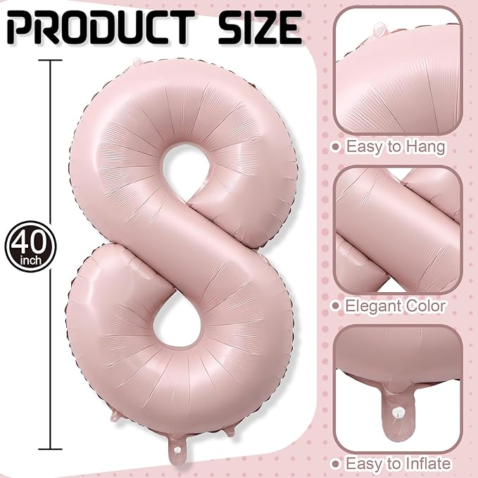Foil 8 Balloon, Dusty Light Pink Big Number 8 Balloons for Girls Birthday Party Decor, 40'' Mylar Self Inflating Number 8 Pastel Blush Baby Pink Balloon for 8th Birthday Party Anniversary Decorations