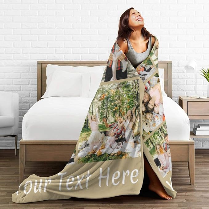 Custom Blanket with Picture Text, Personalized 5 Photo Blanket, HD Printing Customized Flannel Throw Blanket Gifts for Mom Dad Couple Girlfriend Boyfriend Wife Husband Christmas