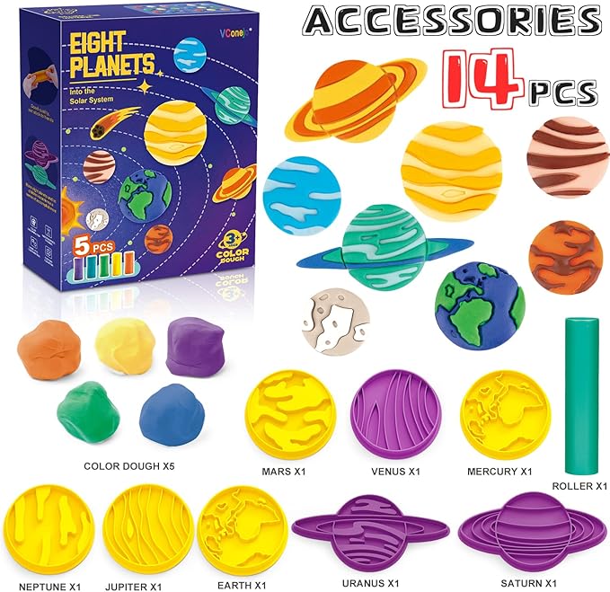 VConejo Color Dough Sets for Kids Ages 2-4, Planets Theme Color Dough Tool Set for Kids Ages 4-8, Color Dough Accessories Toys for Ages 5-7 Boys Girls Toddlers 14 Piece