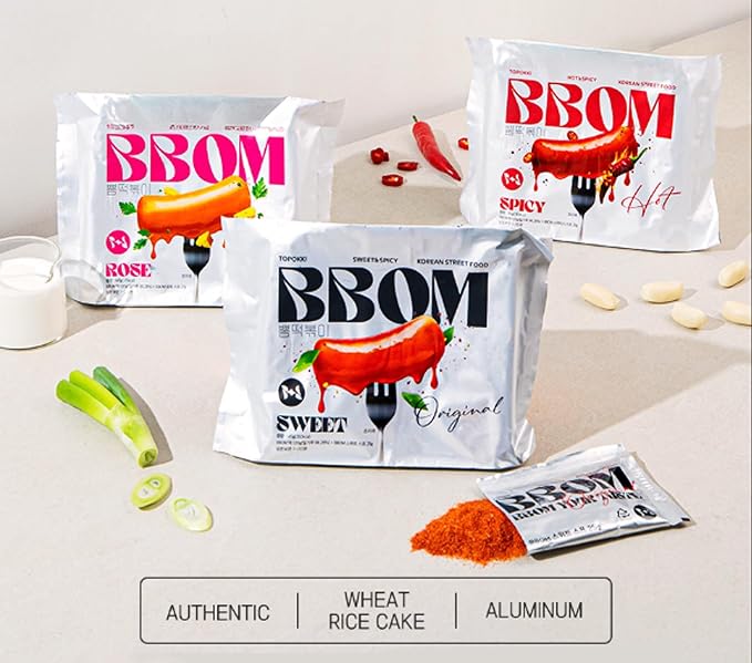 BBOM Korean Tteokbokki Rice Cake – Instant Variety Pack (Sweet, Spicy & Rose) | 3 Pouches x 5.19oz (147g)