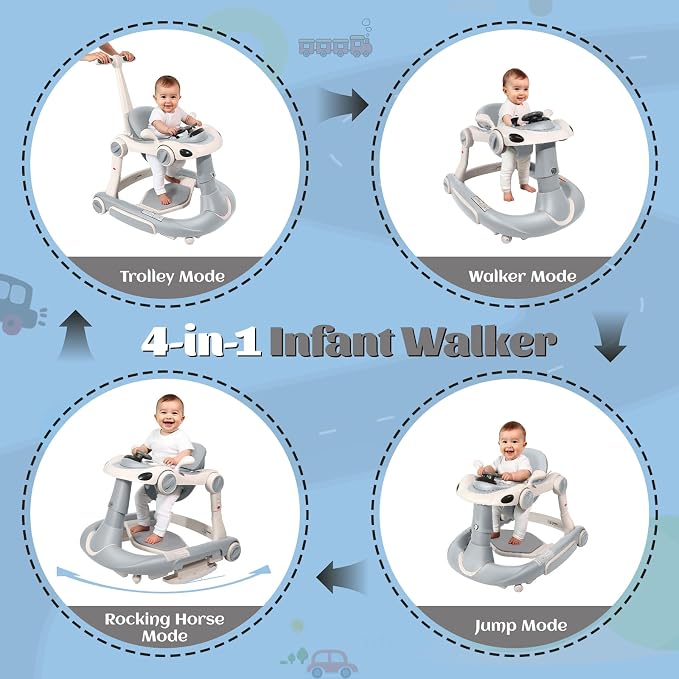 Baby Walker, 4-in-1 Baby Walker with Wheels Portable, Foldable Infant Toddler Walker for Boys Girls 6-18 Month,Removable Footrest,Car Steering Wheel & Music, Adjustable Push Walker Grey