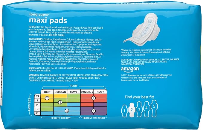 Amazon Basics Thick Feminine Maxi Pads with Flexi-Wings for Periods - Long Length, Super Absorbency, Unscented, Size 2, 128 Count (4 Packs of 32)