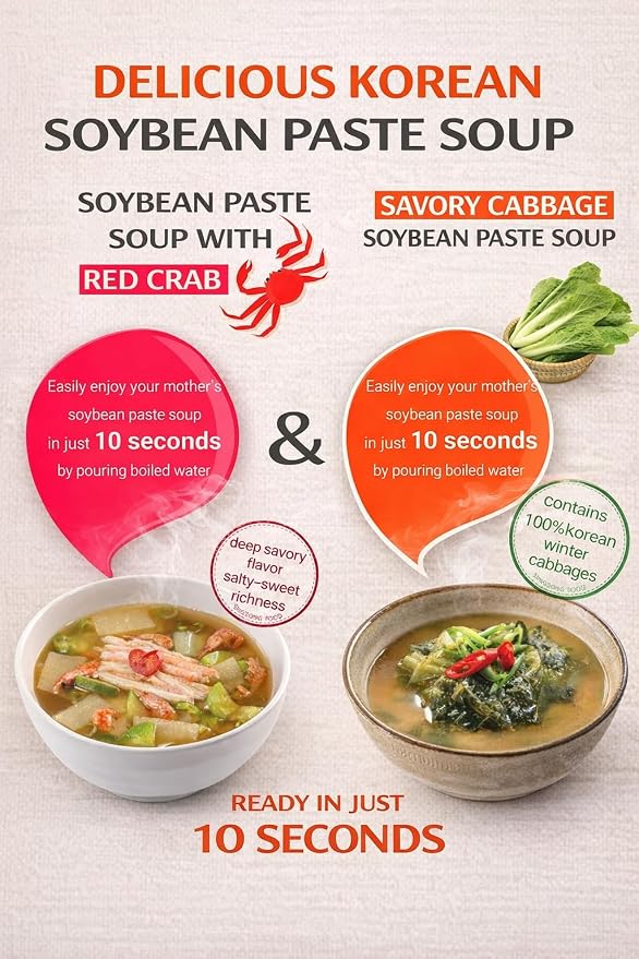 Korean Instant Cabbage & Red Crab Soybean Freeze-Dried Soup 10 packs (Cabbage Block 5 Pack + Red Crab Block 5 Pack) 3.53 oz (100g)