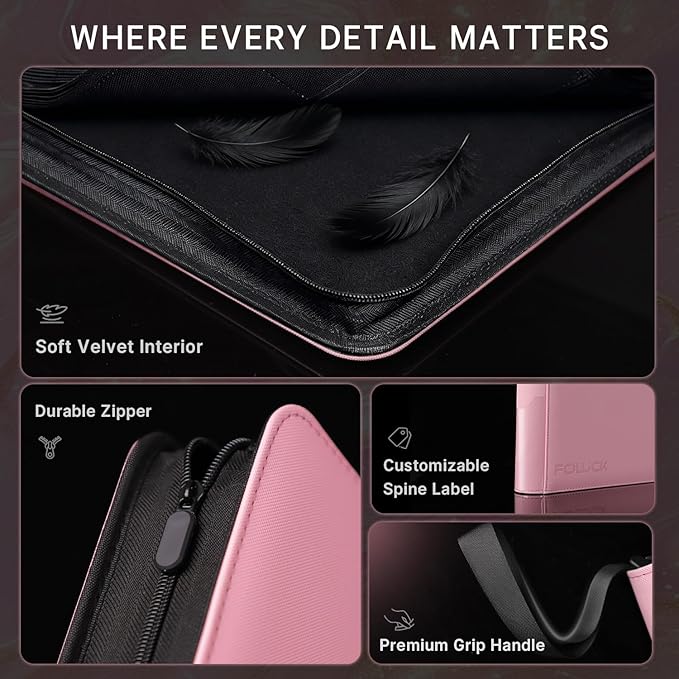 Foluck 9 Pocket Top Loader Binder, Holds 252 Toploaders, 200Pcs Top Loaders & Card Sleeves Included, Side-Loading Trading Card Binder, Premium Collection Album for Pokemon, MTG, Sports Cards (Pink)