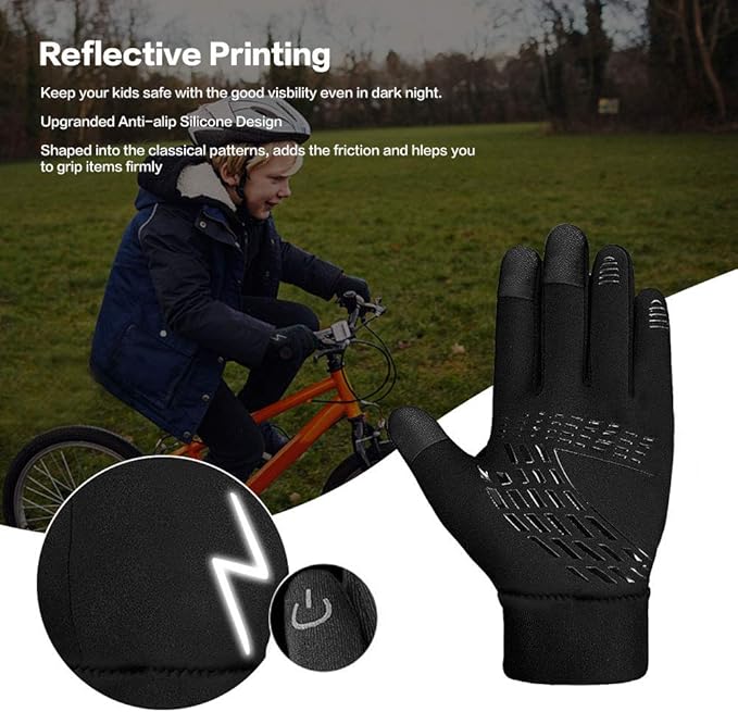 Kids Winter Gloves Back Water Repellent Touchscreen Warm Fleece Anti-Slip for Boys Girls Teen 3-15 Years