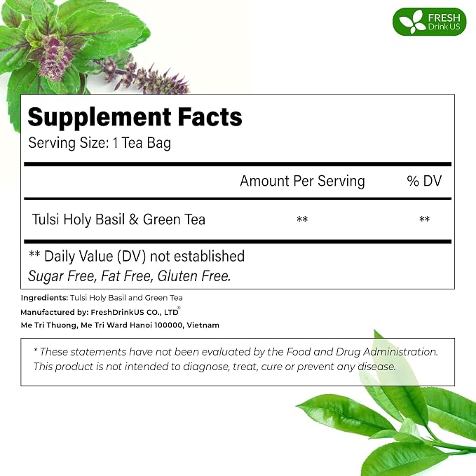 FreshDrinkUS, Premium 75 Tulsi Green Tea Bags, 100% Natural & Pure, Herbal Tea, No Sugar, No Caffeine, No Gluten, Vegan.