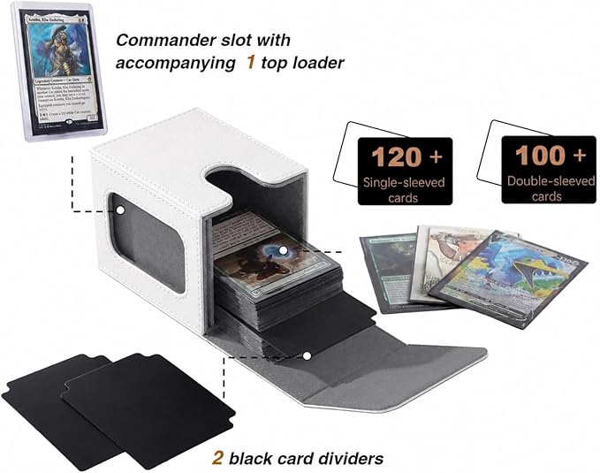 Venssu MTG Deck Box for Commander Display,Card Deck Box Fits 100 Double Sleeved Cards,TCG with 2 Dividers and 1 Toploader (White＆Grey)