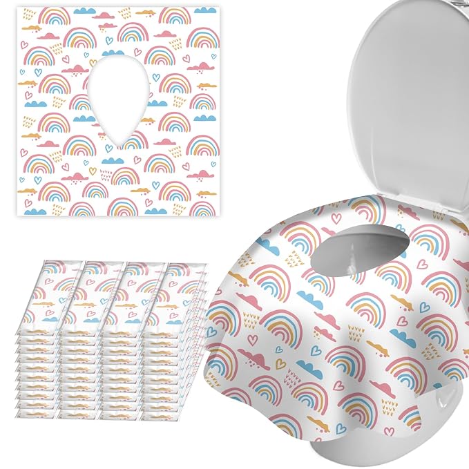 40 Pack Toilet Seat Covers Disposable for Bathroom, Extra Large XL Size Waterproof Covers for Toddler Potty Training, Individually Wrapped Portable for Adults Kids Travel Trip Airplane -Rainbow