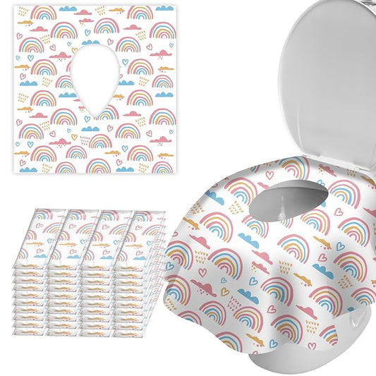 40 Pack Toilet Seat Covers Disposable for Bathroom, Extra Large XL Size Waterproof Covers for Toddler Potty Training, Individually Wrapped Portable for Adults Kids Travel Trip Airplane -Rainbow
