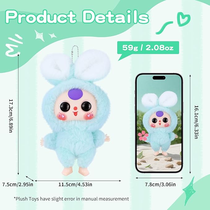 Vinyl Figures, Plush Toys with Rotatable Eyes Cute Expression for Girls Boys, Kawaii Macaron Green Bunny Vinyl Plush Doll Stuffed Animals Gifts for Collectibles Toys Car Home Décor Birthday Keychains