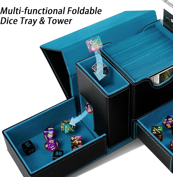 MTG Deck Box for Commander Display with Dice Tower, Fits 100 Double Sleeved Cards for TCG/PTCG, Cards Storage Case with Dice Tray and 35PT Magnetic Card Holder (Black/Cyan)