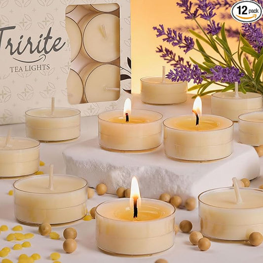 12 Pack Beeswax Tealight Candles, Lavender Scented Tea Light Candles, 4 Hours White Tea, Soy & Beeswax Candle with Essential & Natural Oils for Home & Party (Lavender)