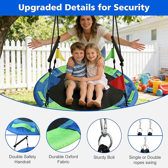 40 Inch Saucer Tree Swing for Kids Adults - 900Lb Weight Capacity, 900D Waterproof Oxford Fabric Platform Swing Seat with Safety bar and Adjustable Hanging Straps for Backyard or Outdoor Playground