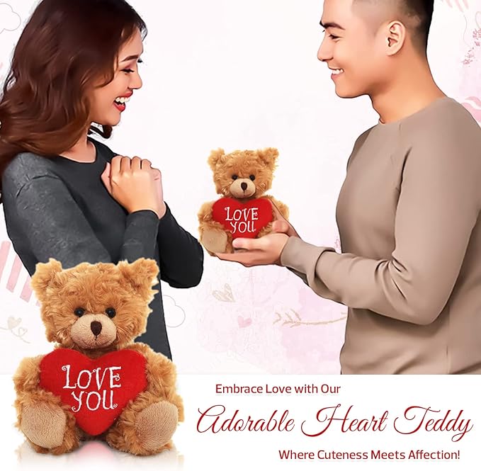 Plush Stuffed Animal Mocha Heart Bear – Love You Bears- Toy for Kids & Adults Valentine's Day - Embroidered Heart Pillow (6 inch, Brown Love You)