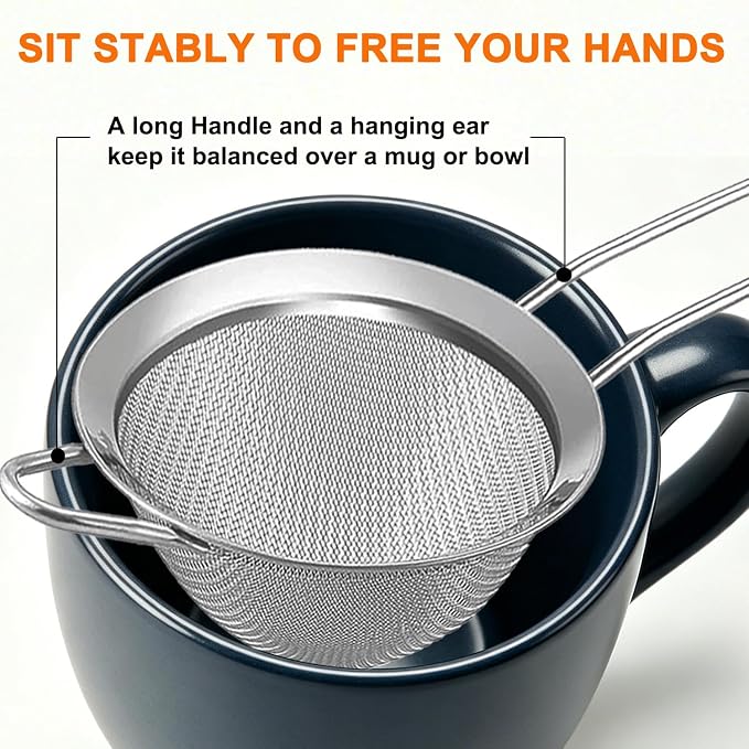 Small Fine Mesh Strainer Set, Stainless Steel Mini Sieve, Bar Strainer for Cocktail, Juice, Coffee, Tea Strainer for Loose Leaf Tea, Mini Sifter for Matcha, Flour, 4 PCS | 3.15 In Mini Strainer, for Cocktails, Loose Tea, Juice, Fits Most Cups and Mugs