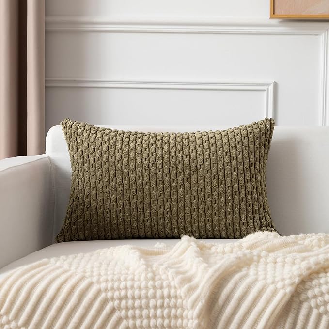 Kevin Textile Soft Corduroy 14"x24" Lumbar Pillow Cover 1 Pack, Olive Green | Boho Stripe Plush Corduroy Decorative Oblong Cushion Cover Modern Farmhouse Home Decor for Sofa Couch Bed Chair