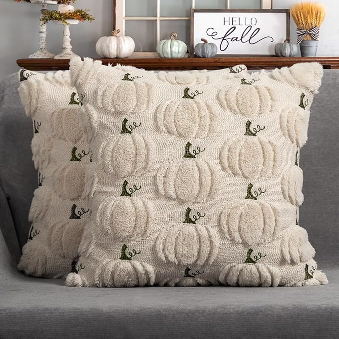 Fall Pumpkin Decorative Pillow Covers 18"x18" Set of 2, Beige Soft Plush Faux Fur Throw Cushion Cases for Autumn Thanksgiving Holiday Home Decorations