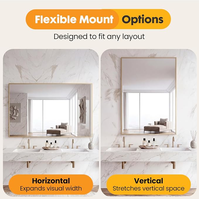 Sweetcrispy Bathroom Mirror for Over Sink, 30" x 48" Rectangle Wall Mount Mirrors with Metal Frame, Modern Vanity Mirror with Tempered Glass, for Home Decor, Anti-Rust, Gold