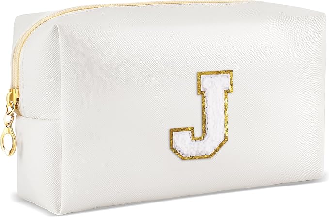 URSKYTOUS Gifts for Girls Initial Makeup Bag Personalized Cosmetic Bag with Zipper Cute Travel Toiletry Bags Waterproof PU Preppy Makeup Pouch Birthday Gift for Teen Girls Women(White J)