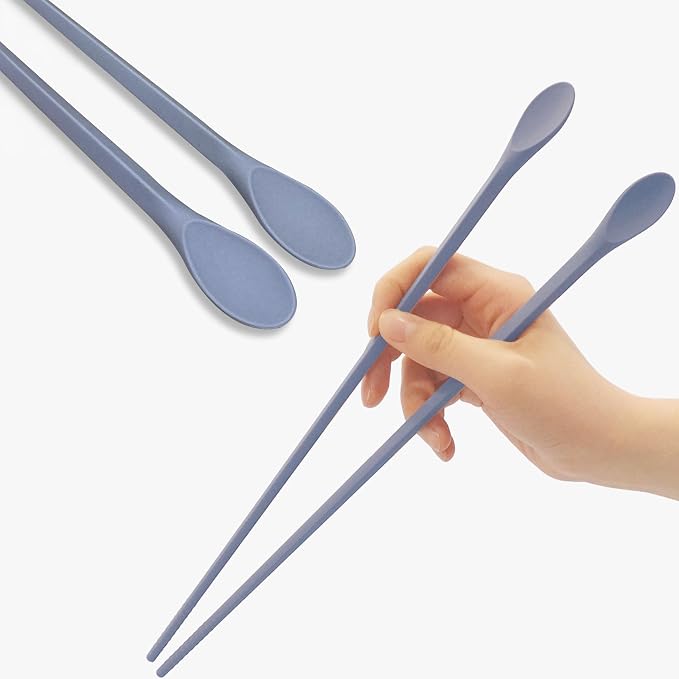 Reusable Long Silicone Cooking Chopsticks with Spoon 12 Inches 1 Pair, Dishwasher Safe, BPA-free Non-Slip,Korea Kitchen Utensils (Pastel Blue, 1 Pair )