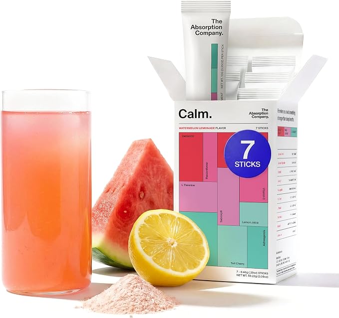 Calm Drink Mix - Relaxation Aid with Magnesium, Ashwagandha, L-Theanine, & Vitamin D - Supports Cortisol Regulation and Mood for Men & Women - Watermelon Lemonade Flavor 7 Sticks