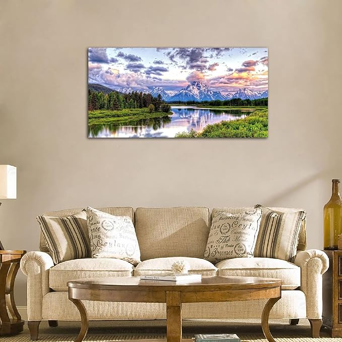 arteWOODS Nature Canvas Wall Art - Mountain River Forest Picture Oxbow Bend Grand Teton Landscape Wall Decor Artwork Green Painting Print for Living Room Bedroom Home Office Decoration 29" x 58"