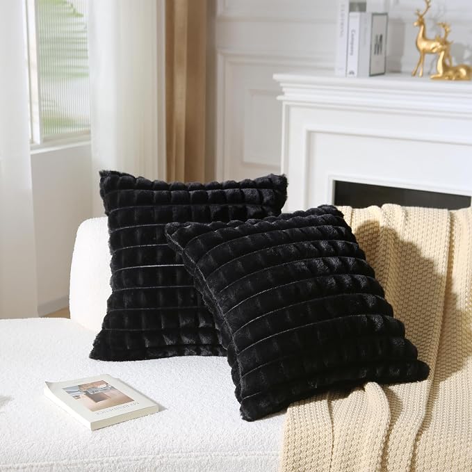 Decorative Throw Pillow with Inserts, Set of 2 Soft Faux Fur Throw Pillows, Square Boho Striped Pillow for Couch, Bed, Sofa Decor (Black, 20" x 20"(Pack of 2))