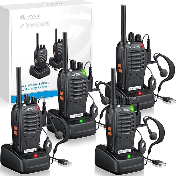 eSynic 4 Pack Walkie Talkies Compact Designed-3Miles Long Range 16 Channels Walky Talky with Flashlight & VOX Hand Free Talking-1500mAh Rechargeable Battery- Rainproof-for Construction/Hiking/Camping