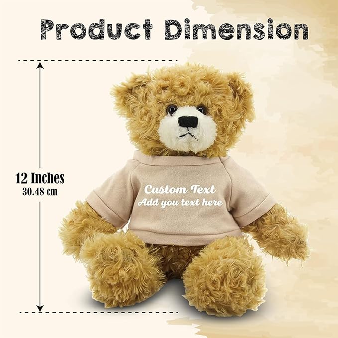 Customized Beige Brandon Bear - 12 inch Personalized Stuffed Bear Plush Toy - Perfect Custom Shirt Bear Gift for Graduation Valentines Graduation Easter Holidays (Tan Shirt)