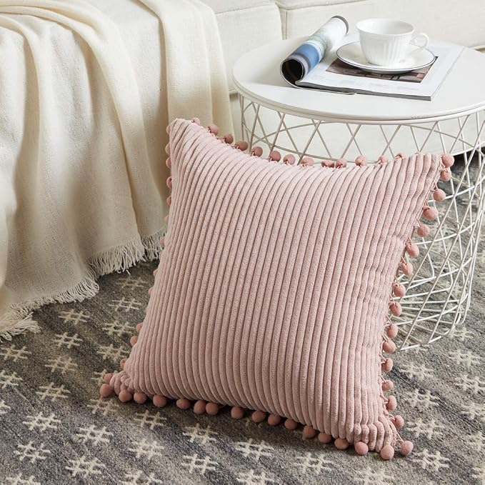 Fancy Homi Pack of 2 Boho Big Decorative Throw Pillow Covers 26 x 26 with Pom-poms, Soft Corduroy Solid Square Cushion Cases for Couch Sofa Bedroom Car Living Room (26x26 Inch/66x66 cm, Blush Pink)